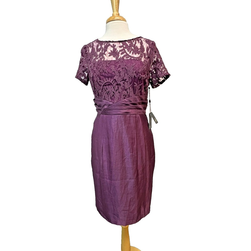 NWT Adrianna‎ Papell Occasion Sheath Dress Purple Lace Bodice Satiny Skirt SZ 8